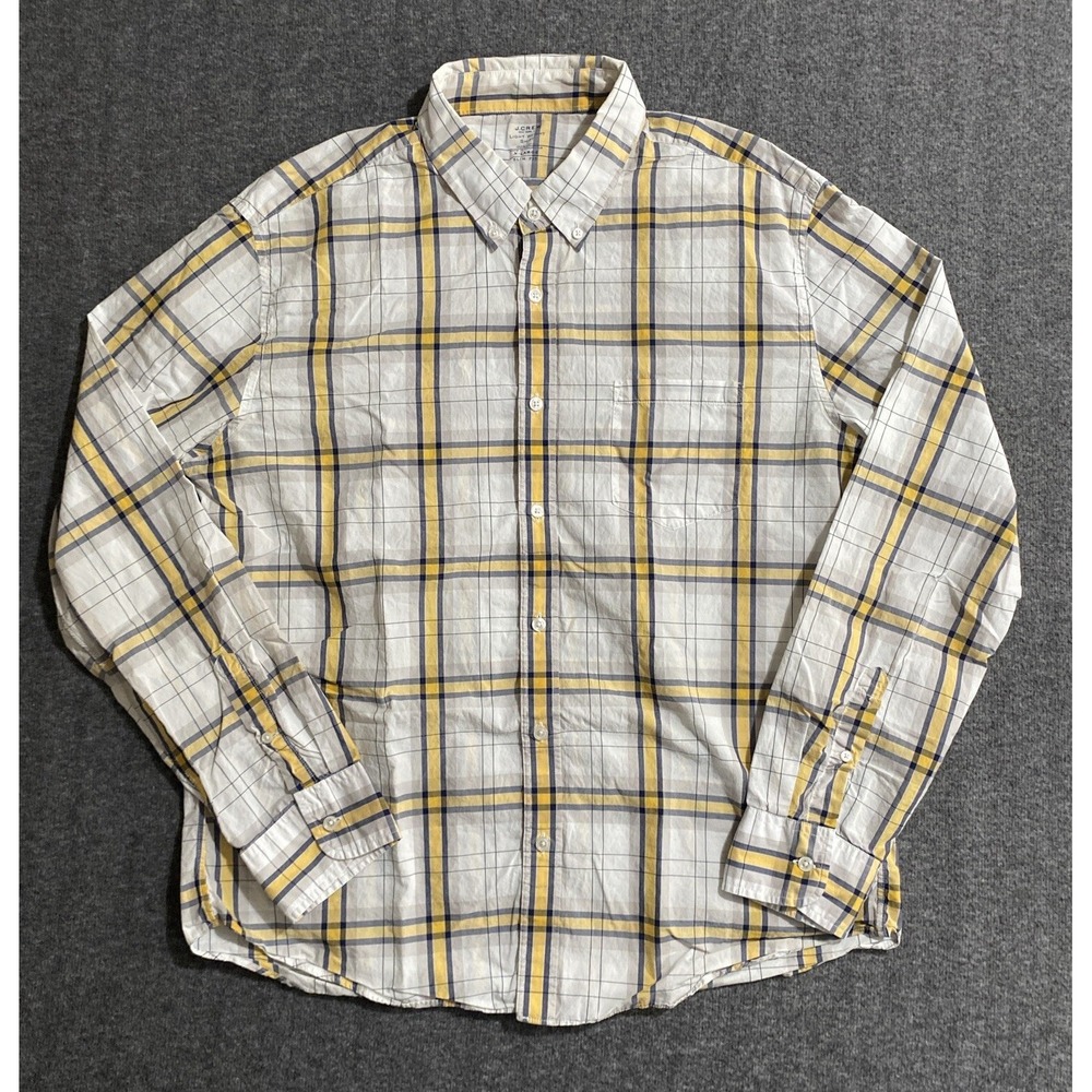 J. Crew NY Light Weight Shirt Slim Fit Men Button Down White Yellow Navy Size XL